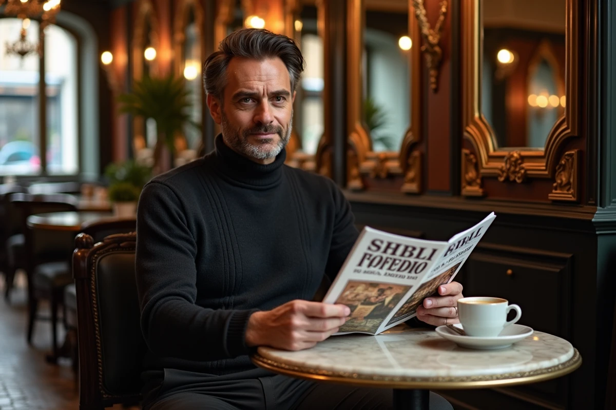 Homme lisant un programme d'événements culturels parisiens dans une brasserie Art Nouveau historique