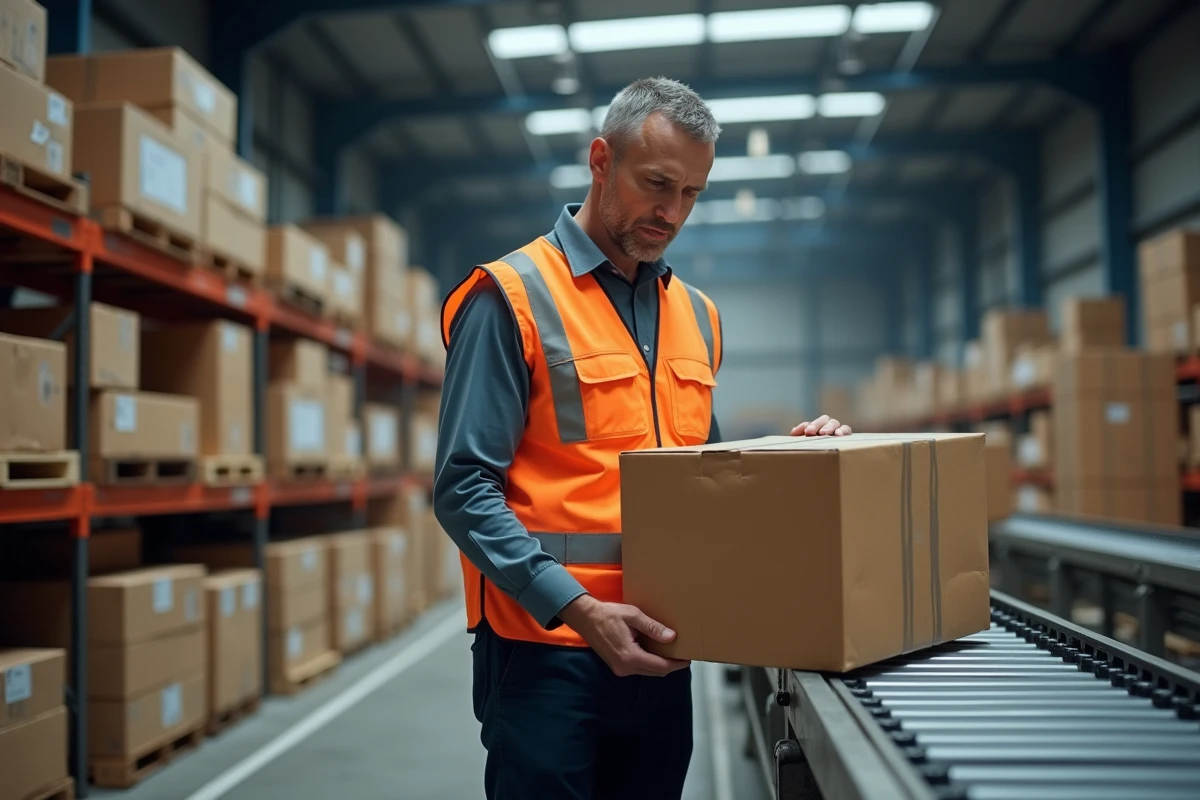 Agent logistique scannant un colis dans un entrepôt de tri Mondial Relay similaire au hub de Harnes