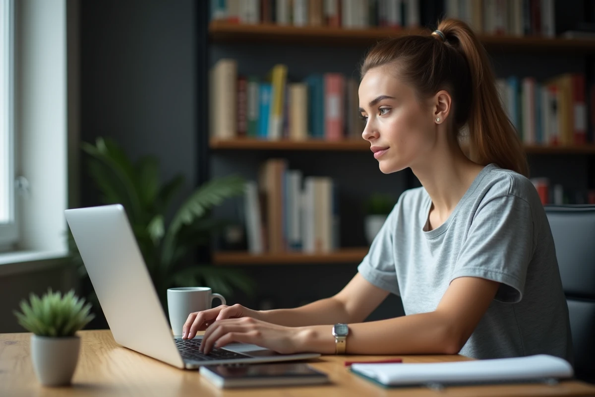 Femme consultant des alternatives de streaming sportif sur un ordinateur portable à son bureau