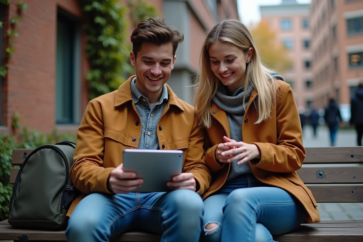 Deux amis regardant un événement sportif en streaming sur une tablette en plein air