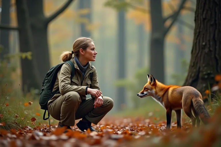 Biologiste observant un renard roux dans une forêt tempérée à l'aube, illustrant la relation entre l'humain et la faune sauvage