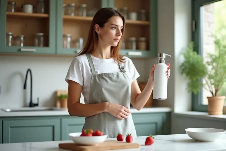 Femme inspectant la buse d'une bombe chantilly bloquée dans une cuisine moderne
