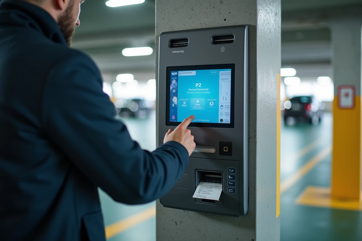 Borne de paiement automatique du parking P2 du Stade de France utilisée par un visiteur