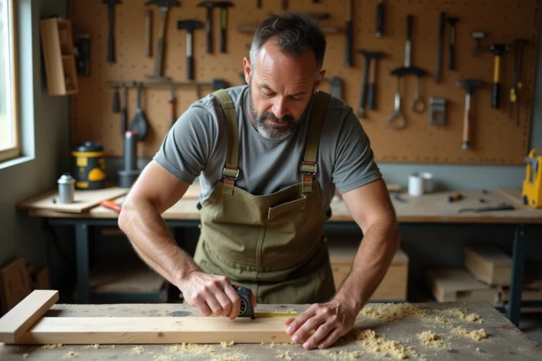 Homme bricoleur mesurant une planche en bois dans un atelier de garage à la maison