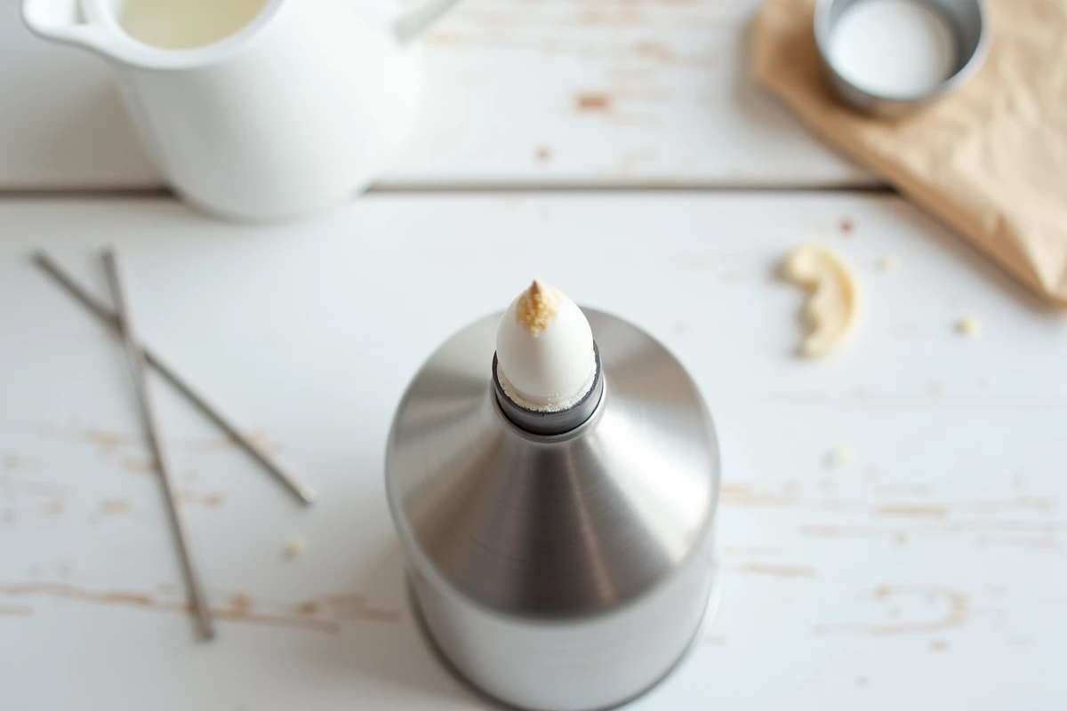Gros plan sur la buse d'une bombe chantilly avec résidu de crème et outils de nettoyage