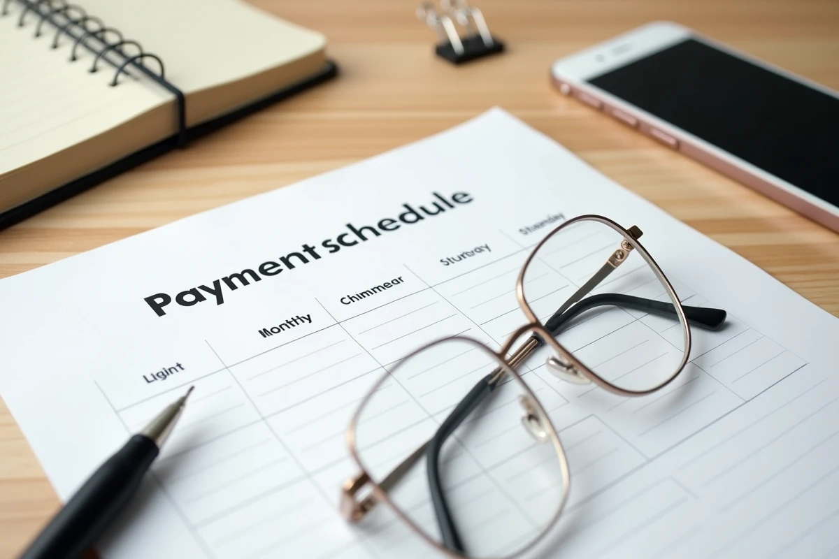 Vue du dessus d'un calendrier imprimé de paiements de pension d'invalidité 2026 avec stylo et lunettes sur un bureau