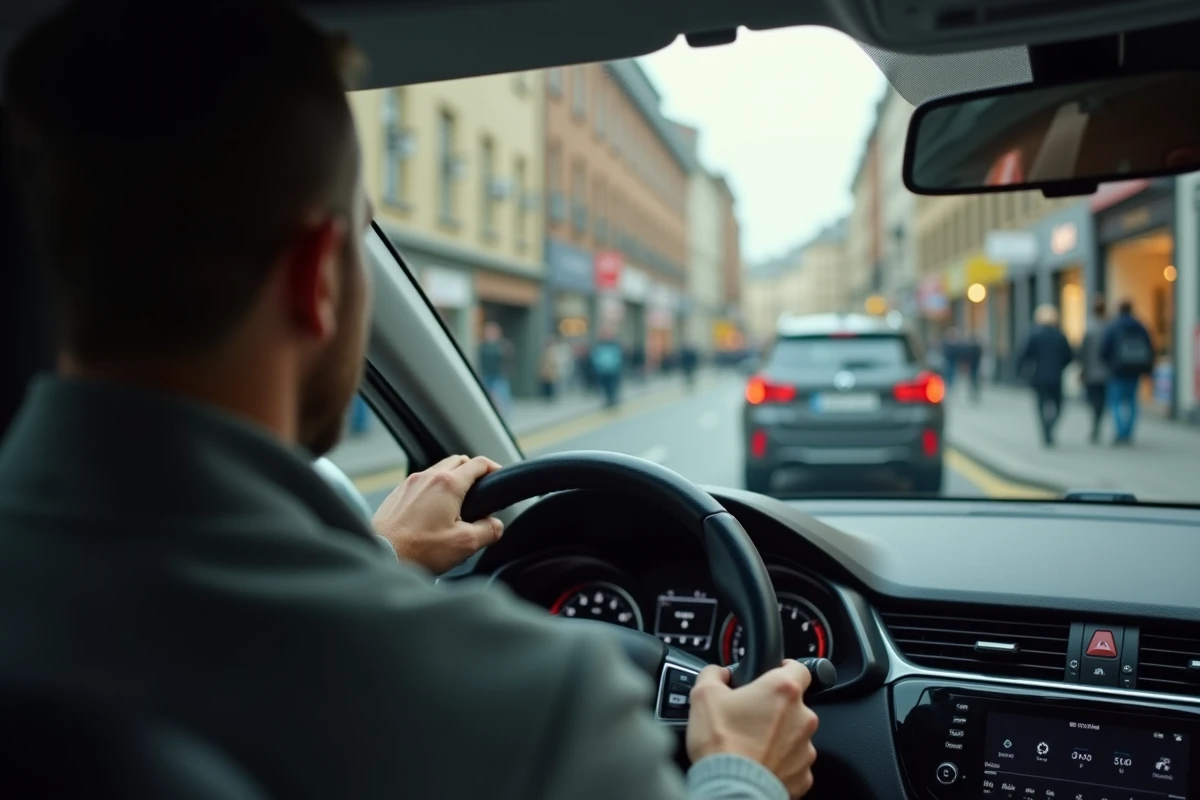 Conducteur en ville maintenant la distance de sécurité avec le véhicule devant lui dans la circulation urbaine