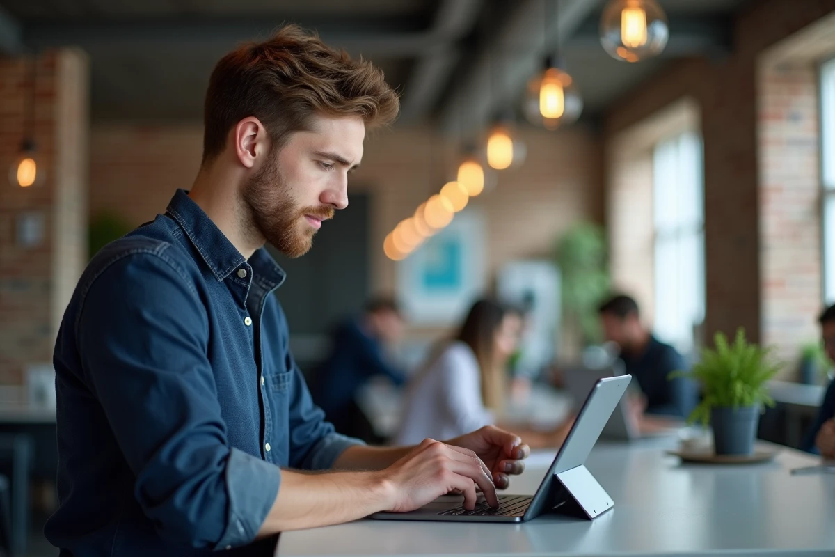 Homme accédant à son compte Advango sur une tablette dans un espace de coworking moderne