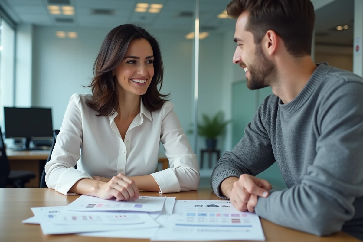 Conseillère en assurance auto expliquant les offres d'un annuaire à un client dans un bureau professionnel