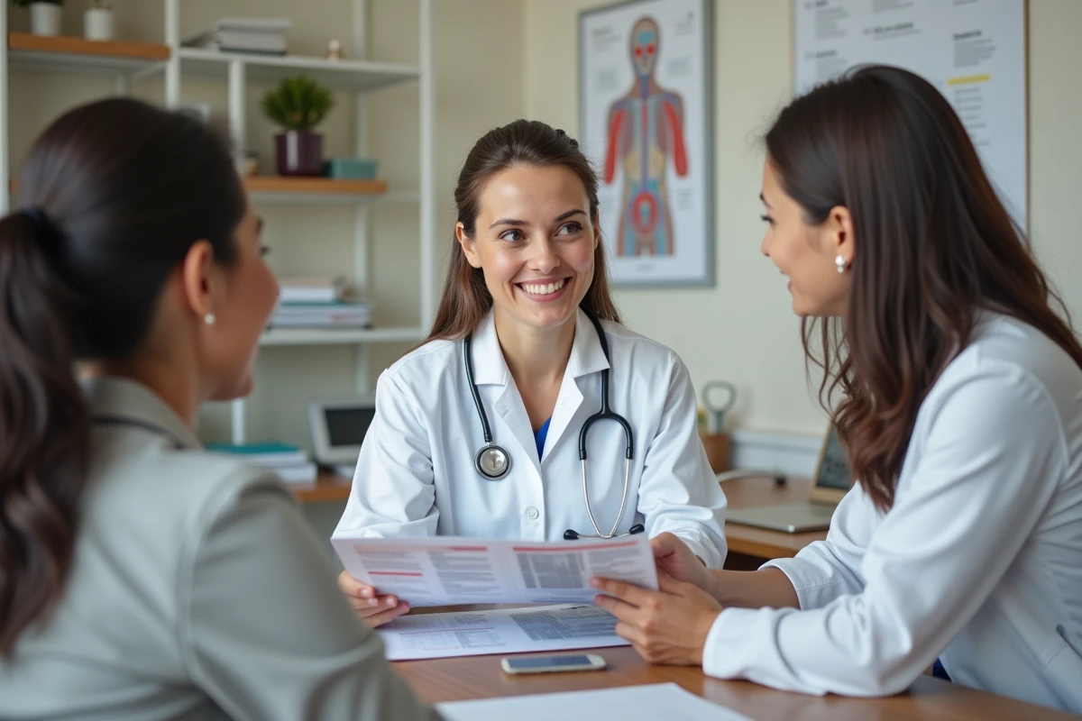 Médecin femme en consultation expliquant les symptômes des maladies fréquentes à un patient dans un cabinet médical moderne