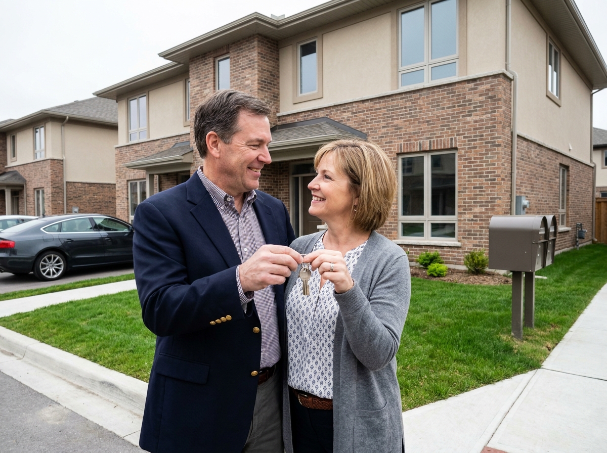 Couple souriant devant leur nouvelle maison