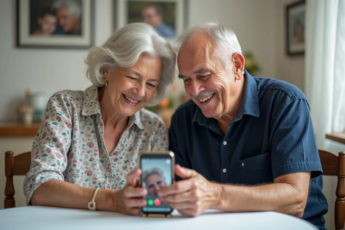 Couple de seniors en appel vidéo WhatsApp sur un smartphone Doro à la table du salon