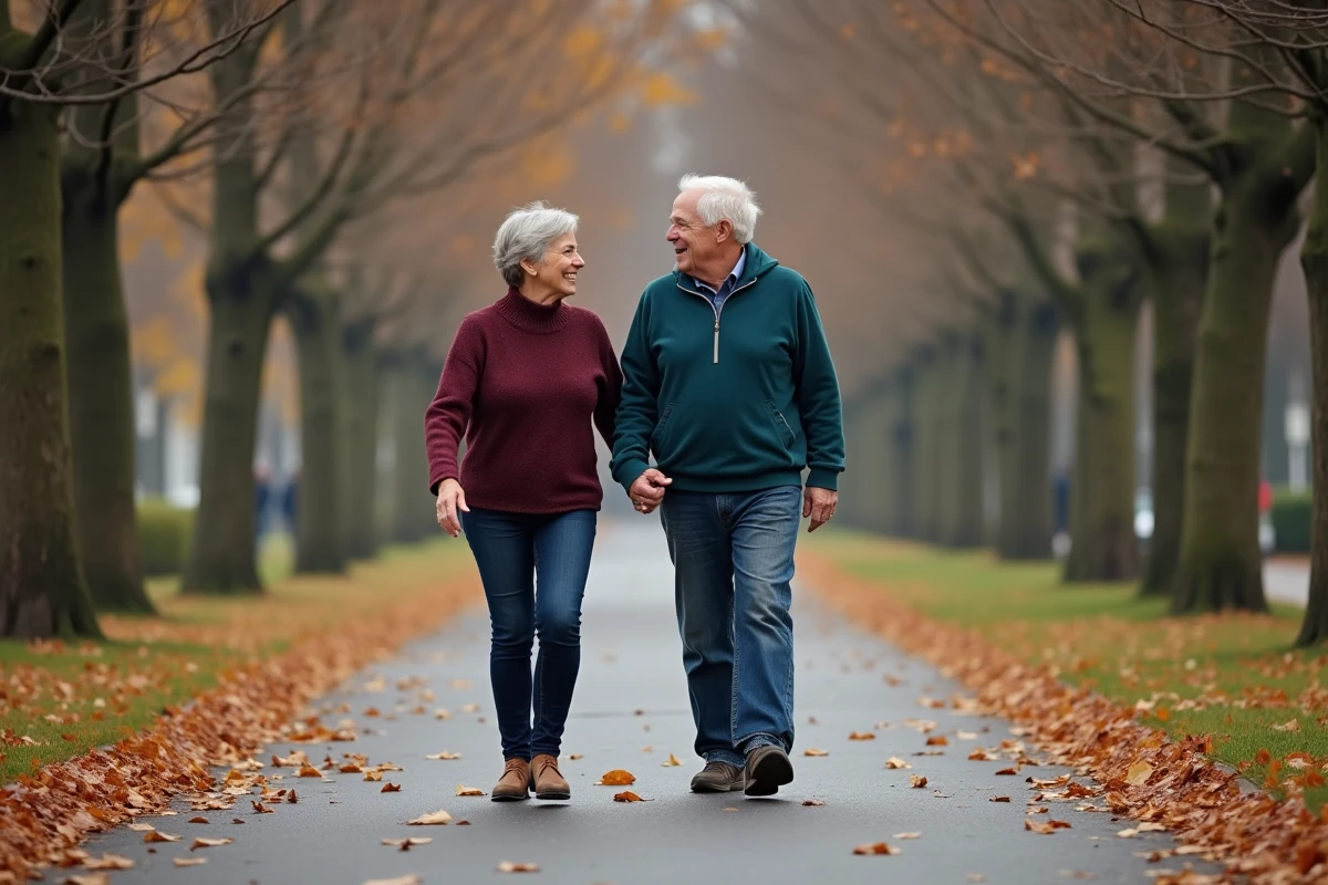 Couple de personnes âgées marchant ensemble dans un parc en automne, illustrant les bienfaits de l'activité physique régulière pour bien vieillir