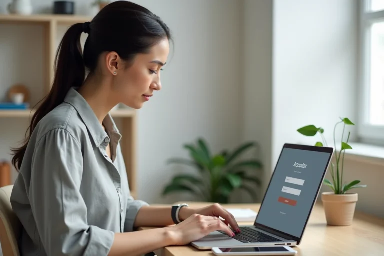 Femme créant un compte en ligne sur un ordinateur portable dans un bureau à domicile organisé