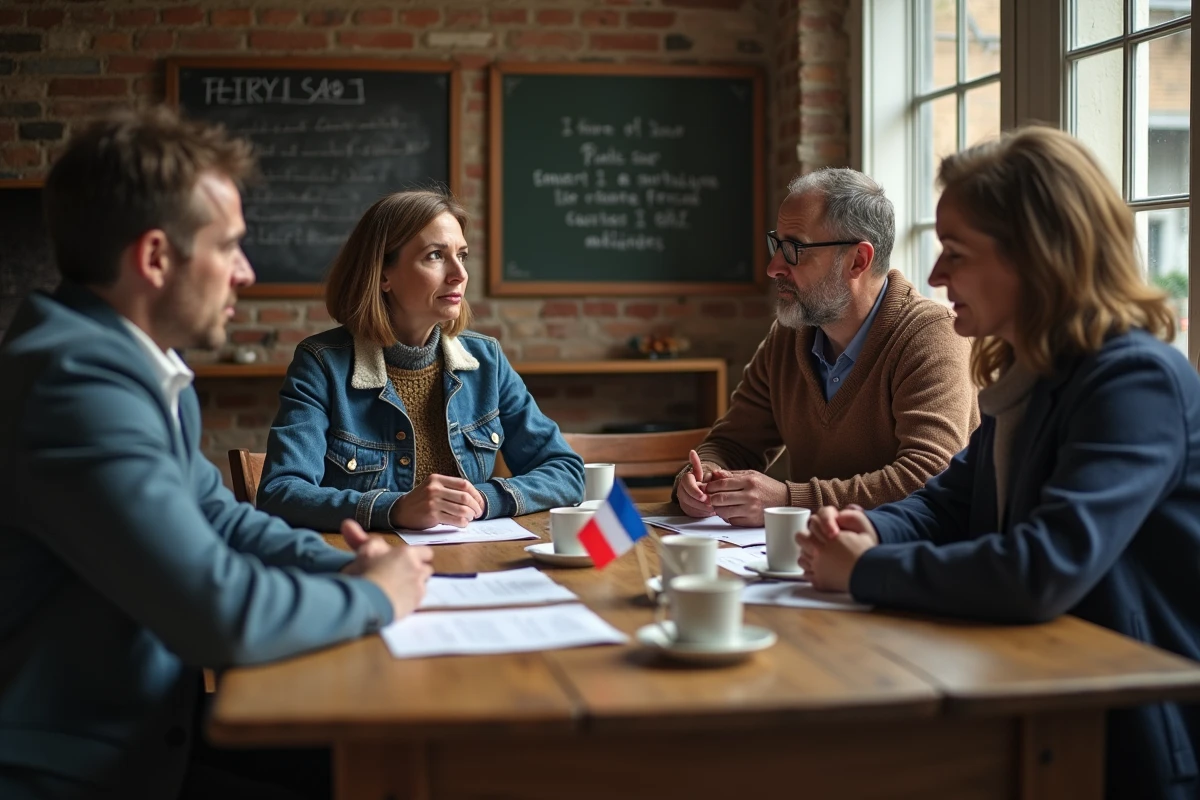 Groupe de citoyens français en discussion civique autour d'une table dans une salle communautaire parisienne, illustrant le débat sur les libertés et la démocratie
