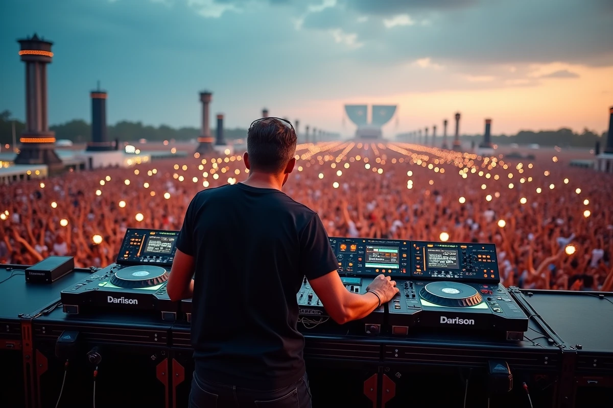 DJ de renommée mondiale en performance sur une scène de festival géante devant une foule immense au coucher du soleil
