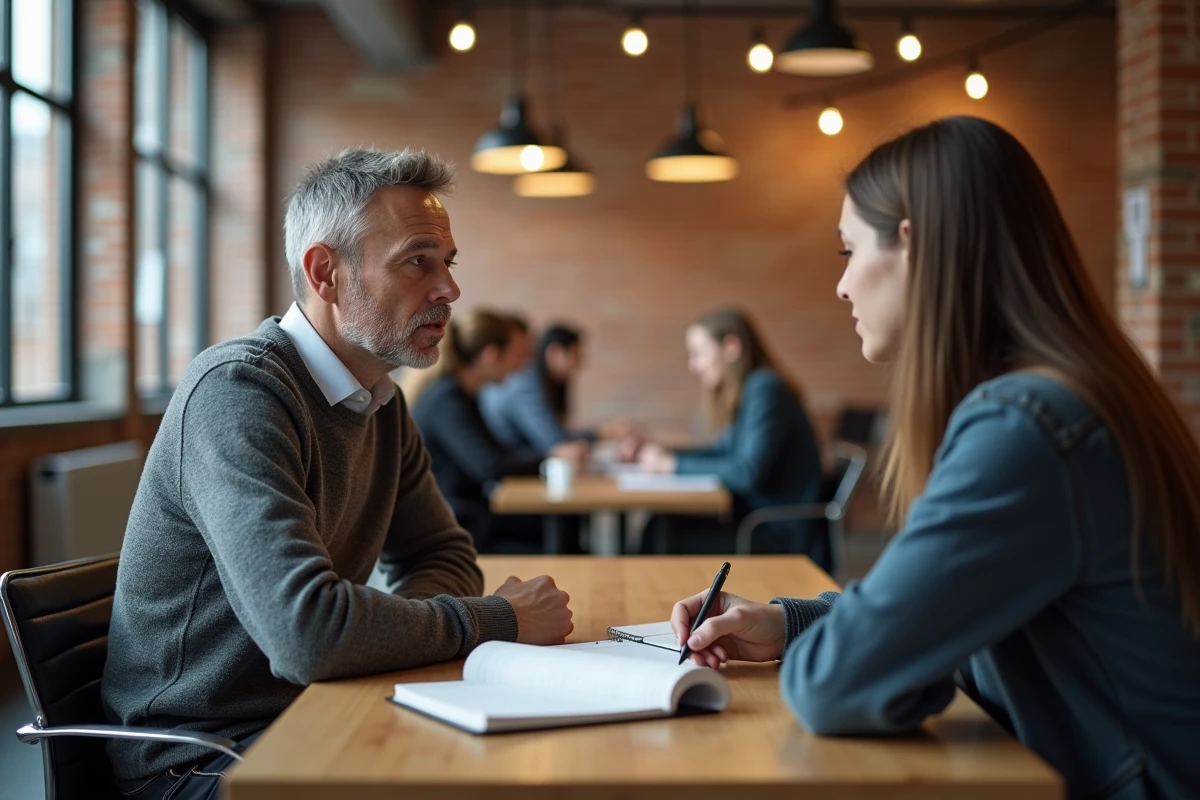 Homme de 45 ans lors d'un entretien de bilan de compétences avec un conseiller dans un espace de co-working moderne