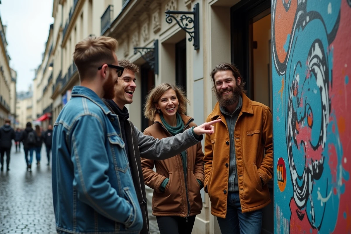 Groupe de jeunes créatifs parisiens devant une galerie d'art contemporain dans le Marais