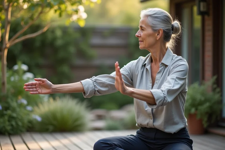Femme âgée pratiquant le yoga en plein air dans un jardin verdoyant pour prendre soin de sa santé et bien vieillir