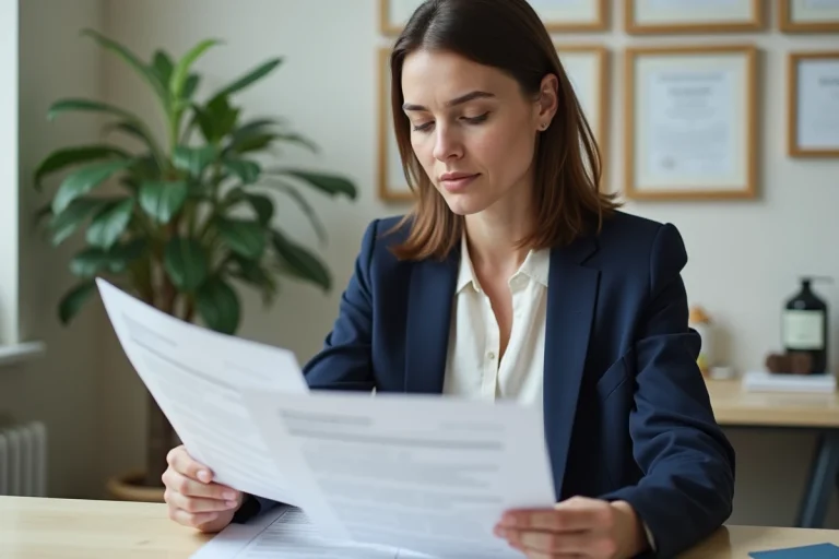 Femme professionnelle de 38 ans examinant les résultats de son bilan de compétences dans un bureau de conseil en carrière moderne