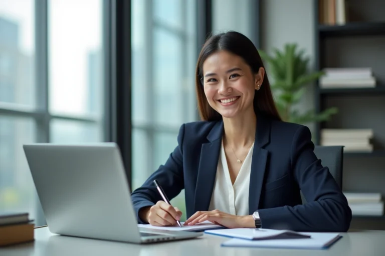 Femme confiante au bureau avec ordinateur et notes