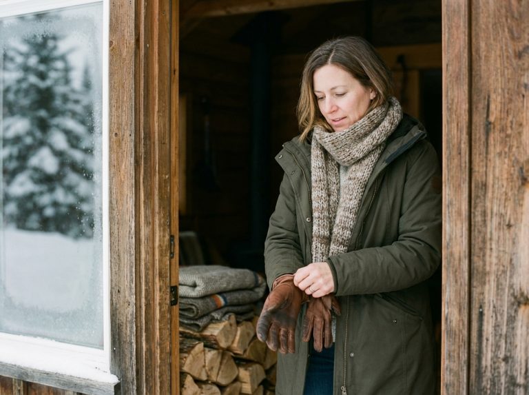 Femme en hiver dans une cabane en bois avec écharpe et gants