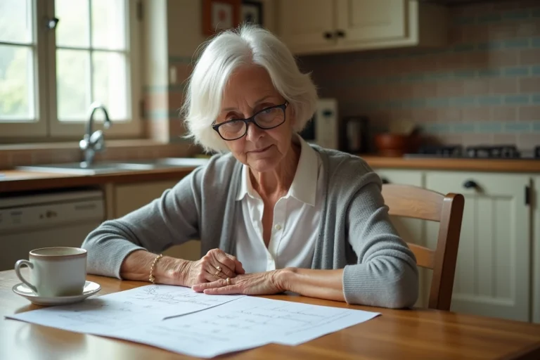Femme consultant un calendrier de paiements de pension d'invalidité imprimé à sa table de cuisine