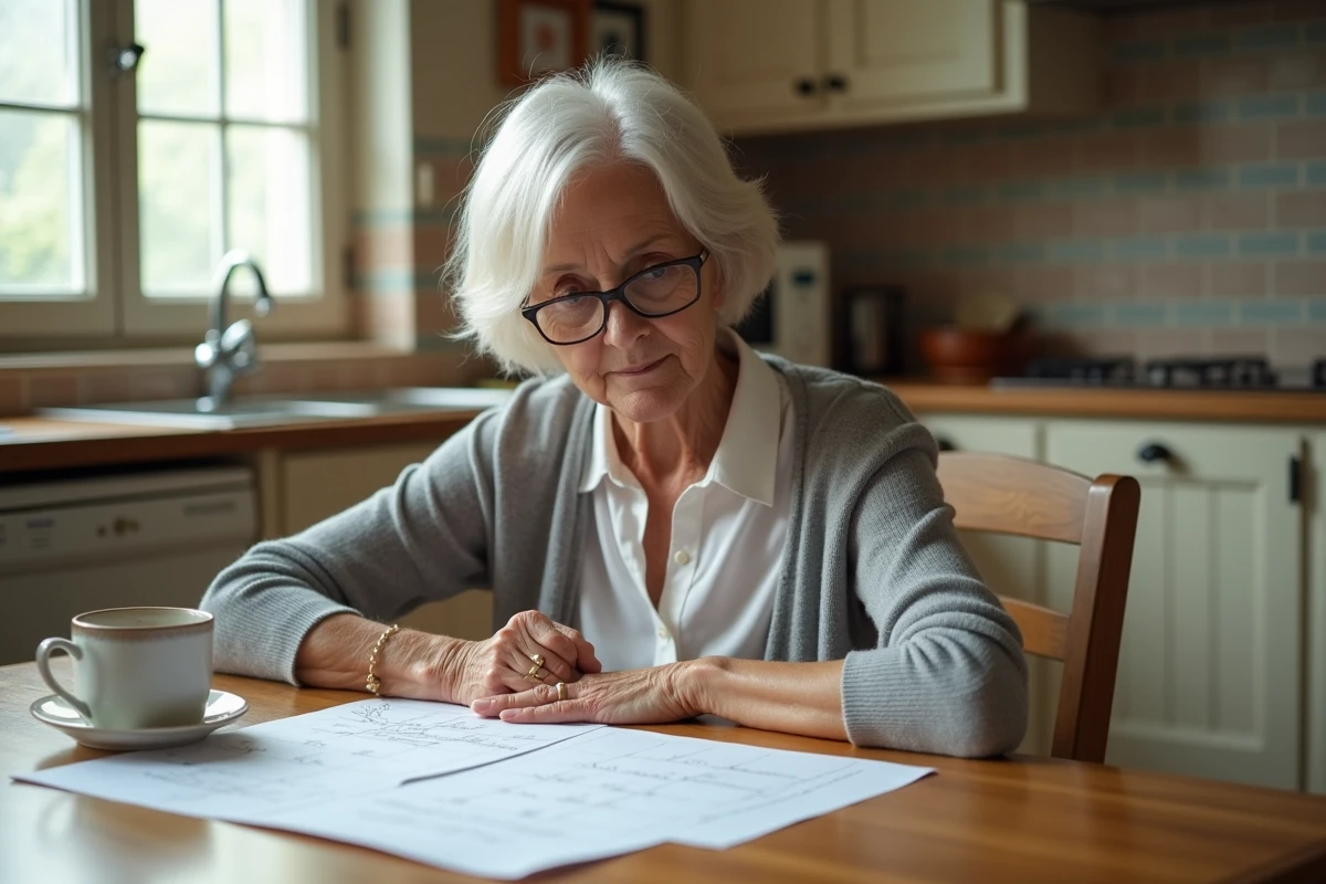 Femme consultant un calendrier de paiements de pension d'invalidité imprimé à sa table de cuisine