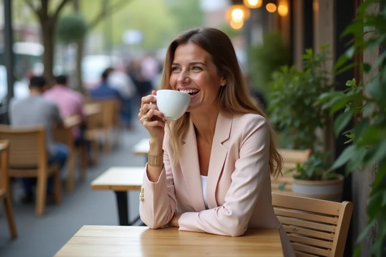 Femme élégante souriante buvant un café en extérieur