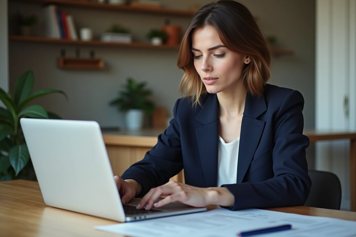 Femme comparant des offres d'assurance auto sur un ordinateur portable à la maison, entourée de documents d'assurance