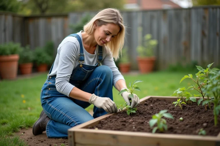 Femme jardinière qui transplante des plants de tomates dans un carré potager en bois au printemps