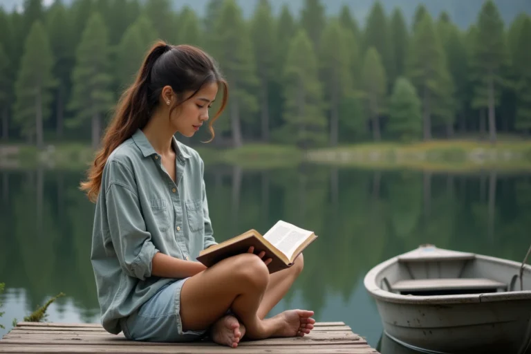 Femme lisant un livre en bord de lac lors d'une journée de loisirs en plein air