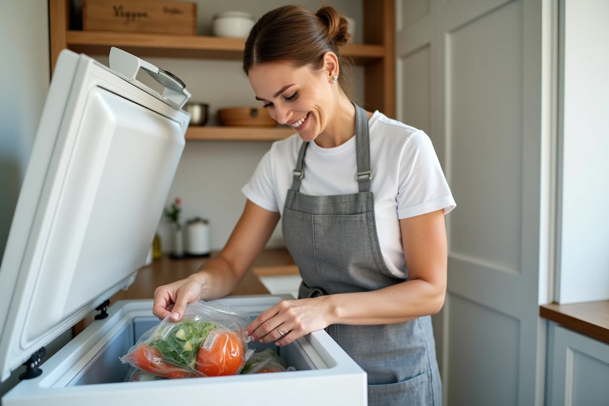 Femme organisant des aliments dans un surgélateur domestique moderne dans une cuisine utilitaire propre