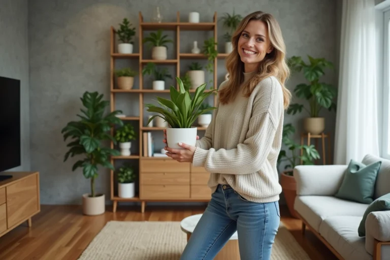 Femme arrangeant des plantes dans un salon moderne