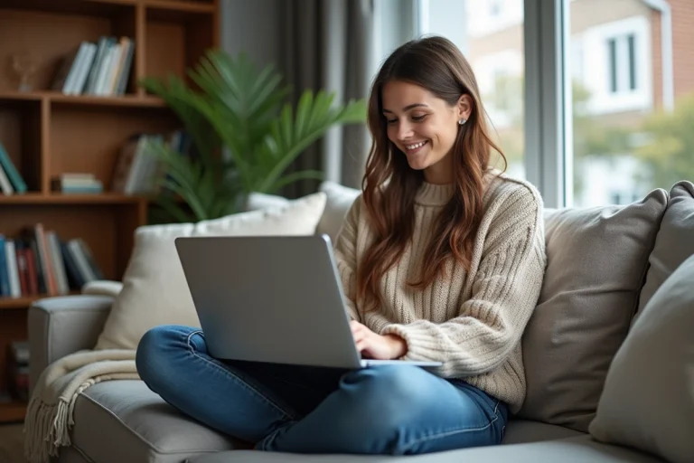 Femme souriante regardant son ordinateur portable dans un salon cosy