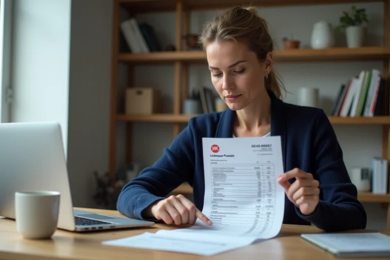 Femme consultant son relevé de compte Livret A de La Banque Postale à son bureau à domicile