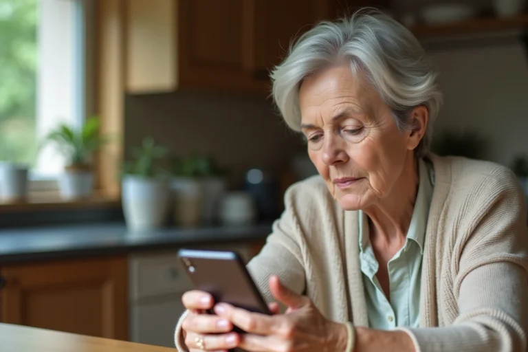 Femme senior utilisant WhatsApp sur un smartphone Doro dans une cuisine chaleureuse
