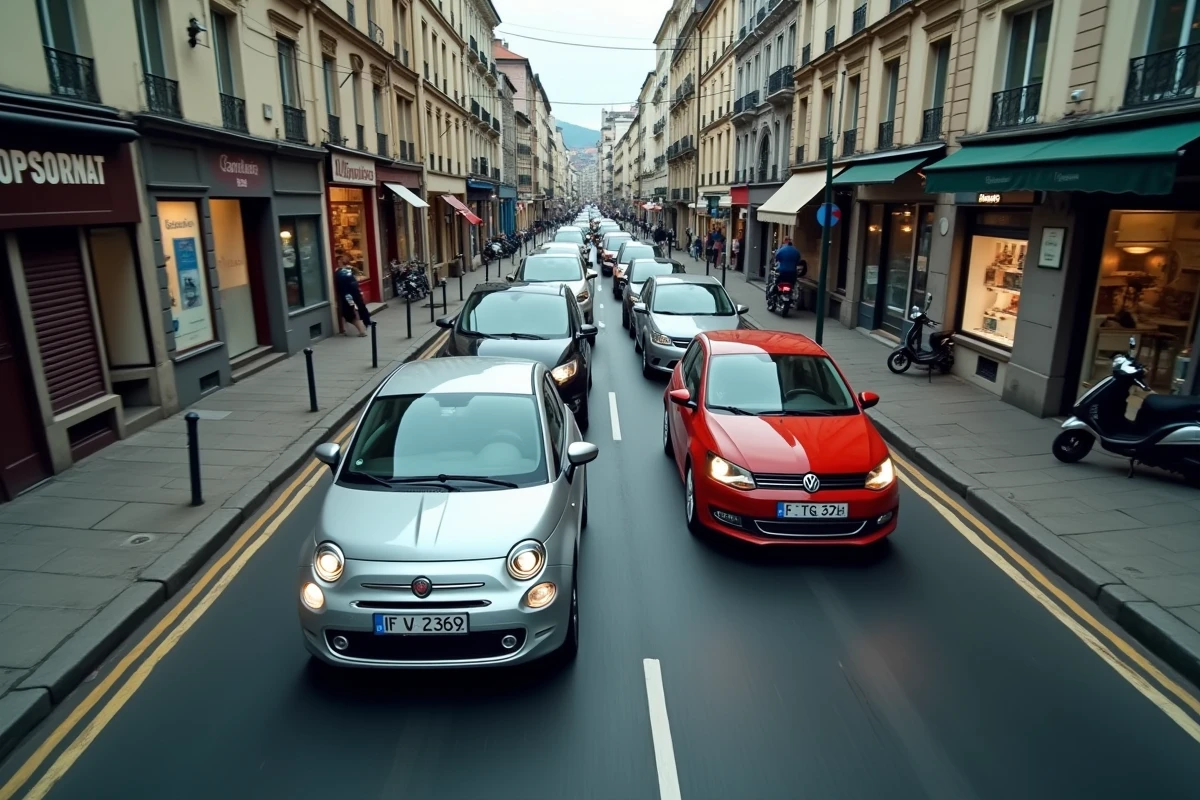 File de voitures en circulation urbaine respectant les distances de sécurité sur une rue à sens unique
