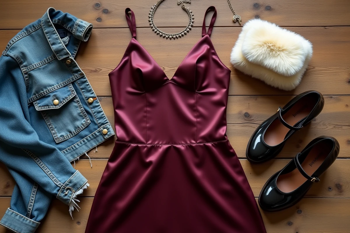 Flat lay de vêtements et accessoires de mode iconiques des années 1995 incluant robe satin, chaussures Mary Jane et choker sur bois vintage
