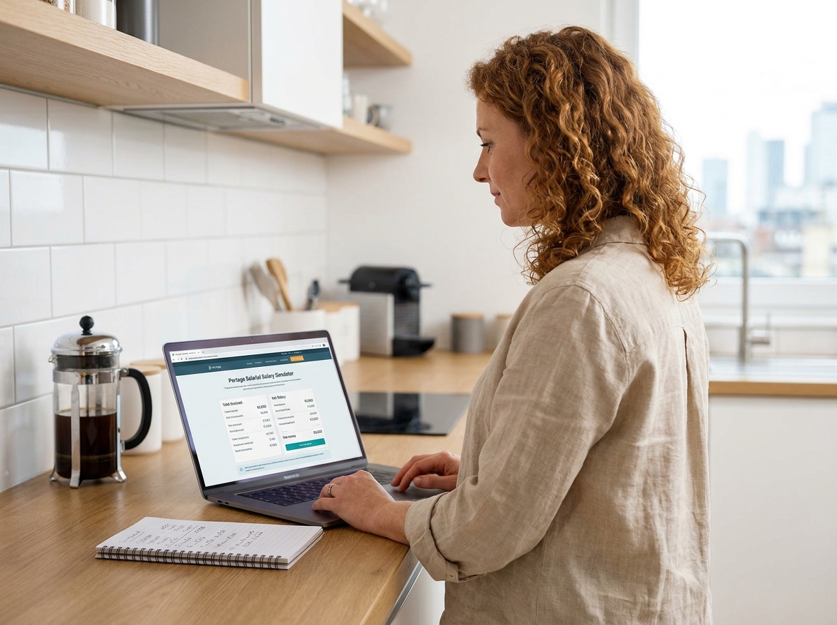Jeune femme freelance debout dans sa cuisine moderne consultant un simulateur de portage salarial en ligne sur son ordinateur portable avec des notes manuscrites