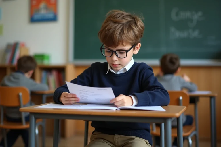 Garçon français de 12 ans regardant un rapport scolaire