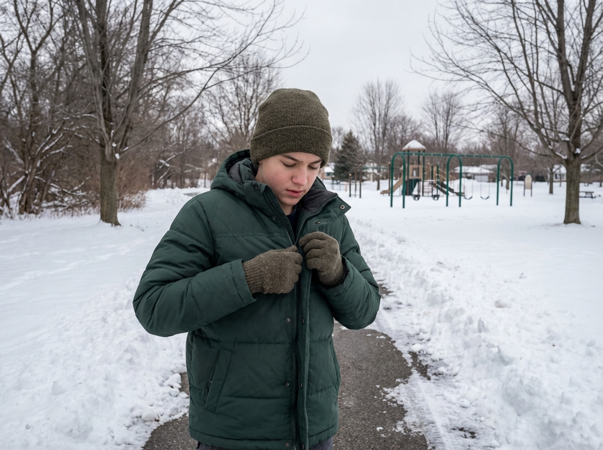 Garçon d ado en hiver ajustant sa veste dans un parc enneige