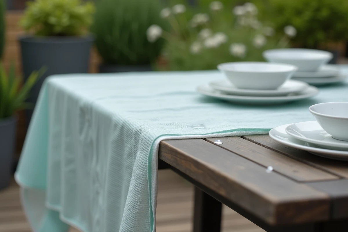 Gros plan sur la texture d'une nappe transparente anti UV avec gouttes d'eau sur table en teck de jardin