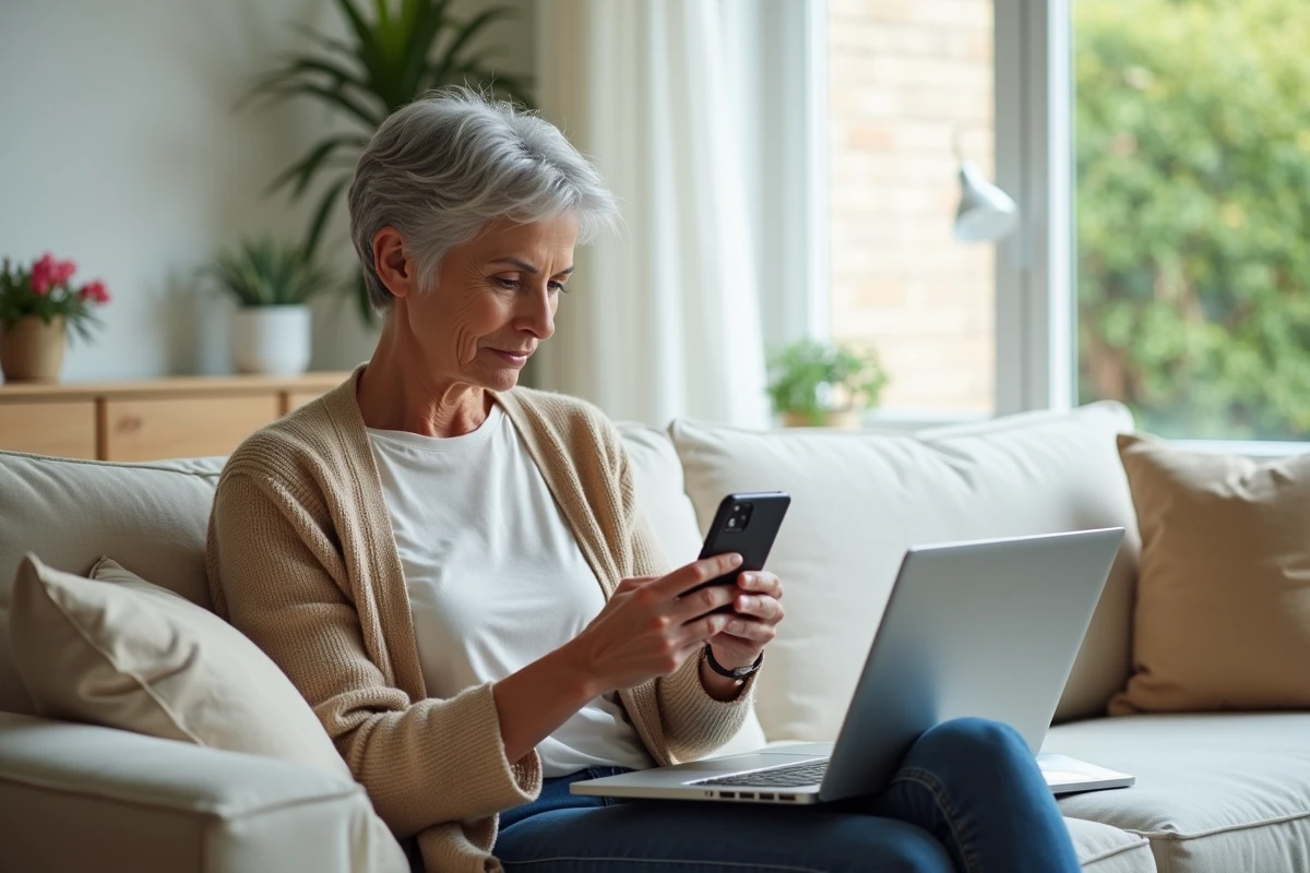 Femme suivant un guide débutant pour créer un compte Advango sur smartphone et ordinateur depuis son salon
