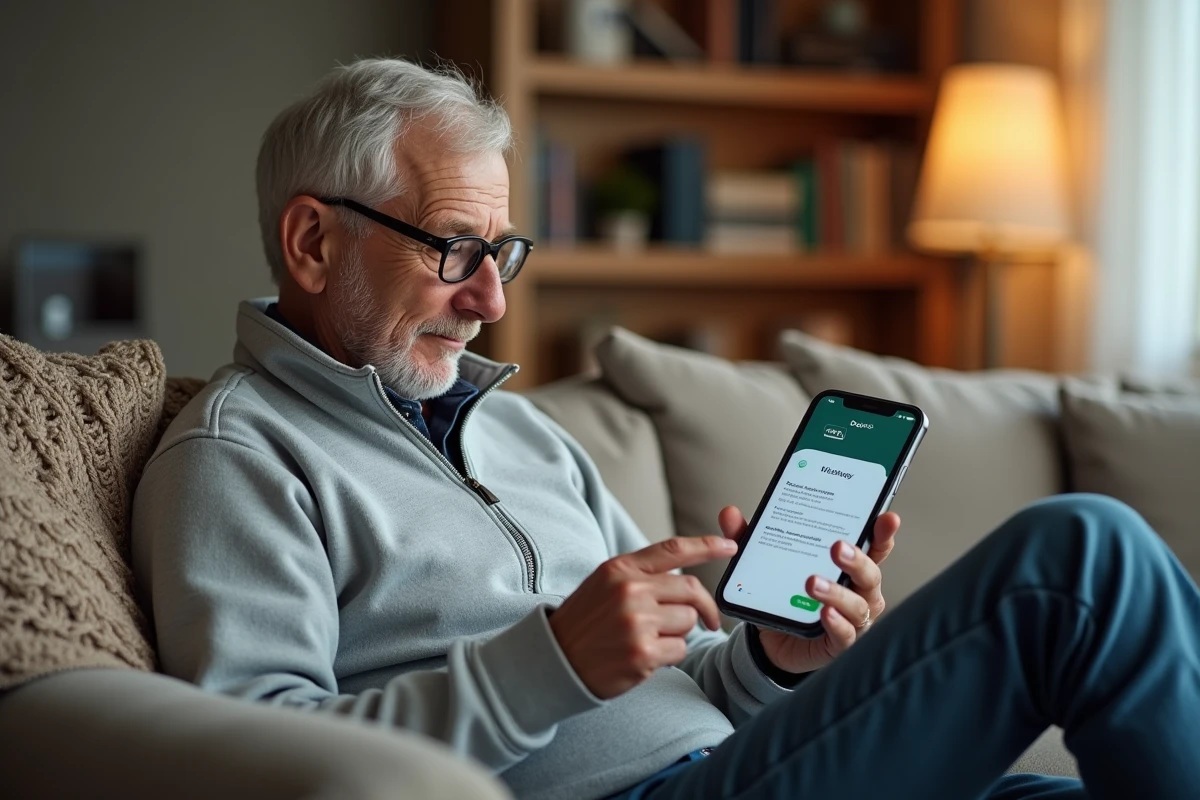 Homme âgé configurant WhatsApp sur son téléphone Doro dans un salon confortable