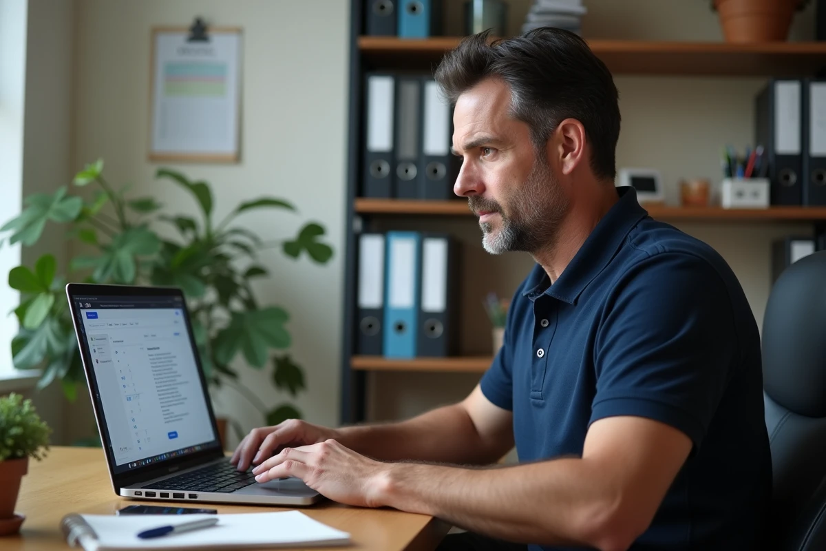 Homme consultant un calendrier PDF de pension d'invalidité 2026 sur son ordinateur portable au bureau