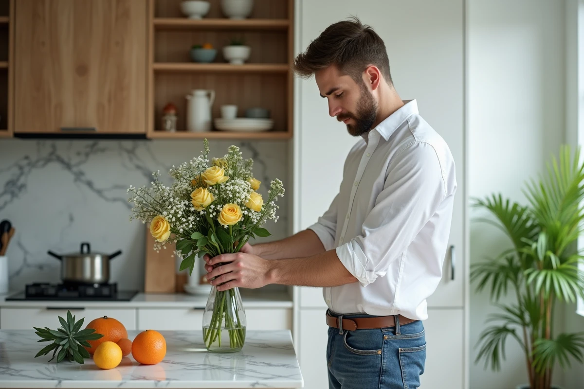 Homme arrangeant des fleurs dans une cuisine moderne