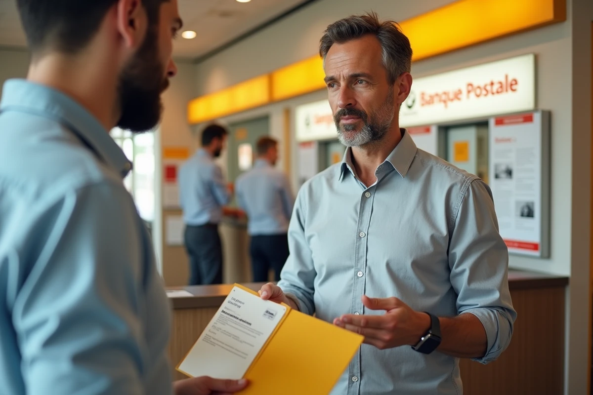 Homme consultant son livret A à un guichet de La Banque Postale pour trouver son numéro de compte