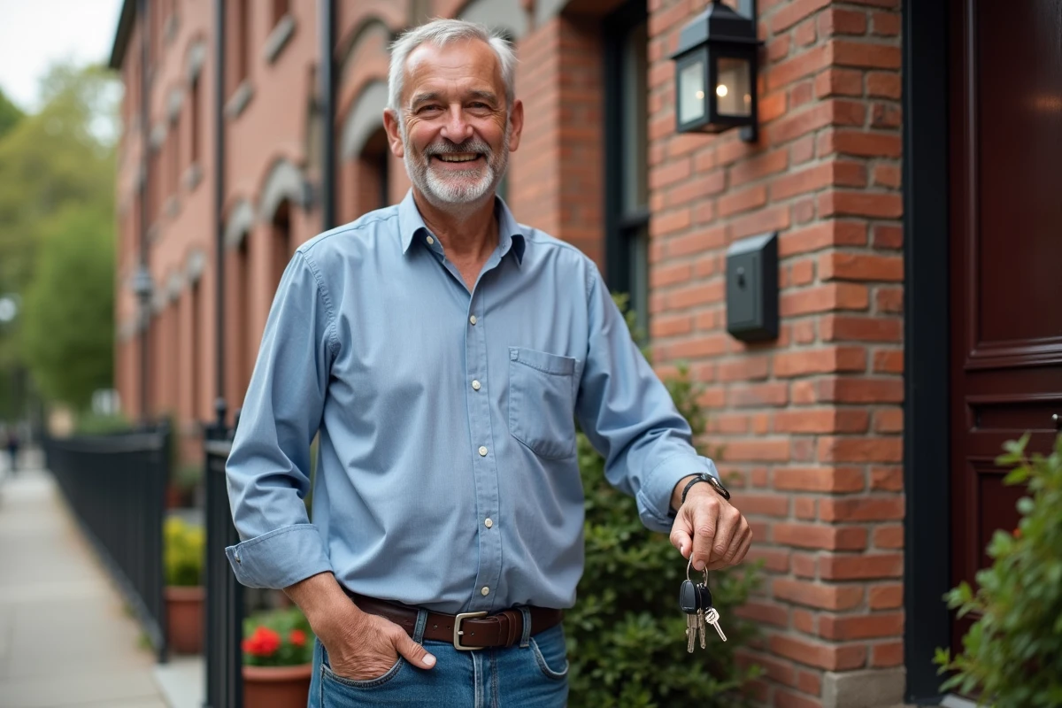 Homme souriant devant une maison en briques