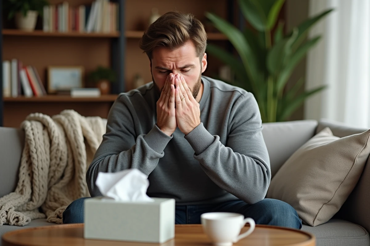 Man suffering from symptoms of a common illness like a cold or flu, sitting at home with tissues and a cup of herbal tea